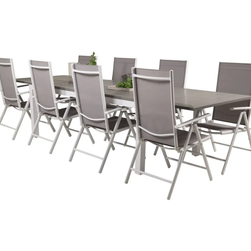 Ruokailuryhmä Venture Home, 224/324x100cm jatkettava harmaa/valkoinen Albany-pöytä + 8 harmaa/valkoista Break-säätötuolia