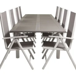 Ruokailuryhmä Venture Home, 224/324x100cm jatkettava harmaa/valkoinen Albany-pöytä + 8 harmaa/valkoista Break-säätötuolia