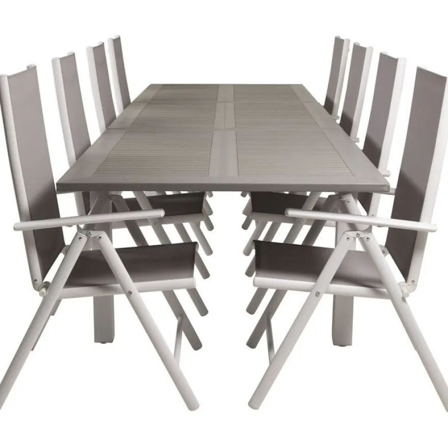 Ruokailuryhmä Venture Home, 224/324x100cm jatkettava harmaa/valkoinen Albany-pöytä + 8 harmaa/valkoista Break-säätötuolia