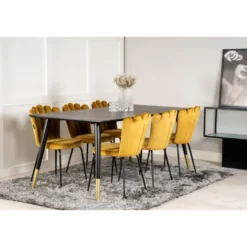 Ruokailuryhmä Venture Home, 180x90cm musta/messinki Dipp-pöytä + 6 kullankeltaista Limhamn-tuolia