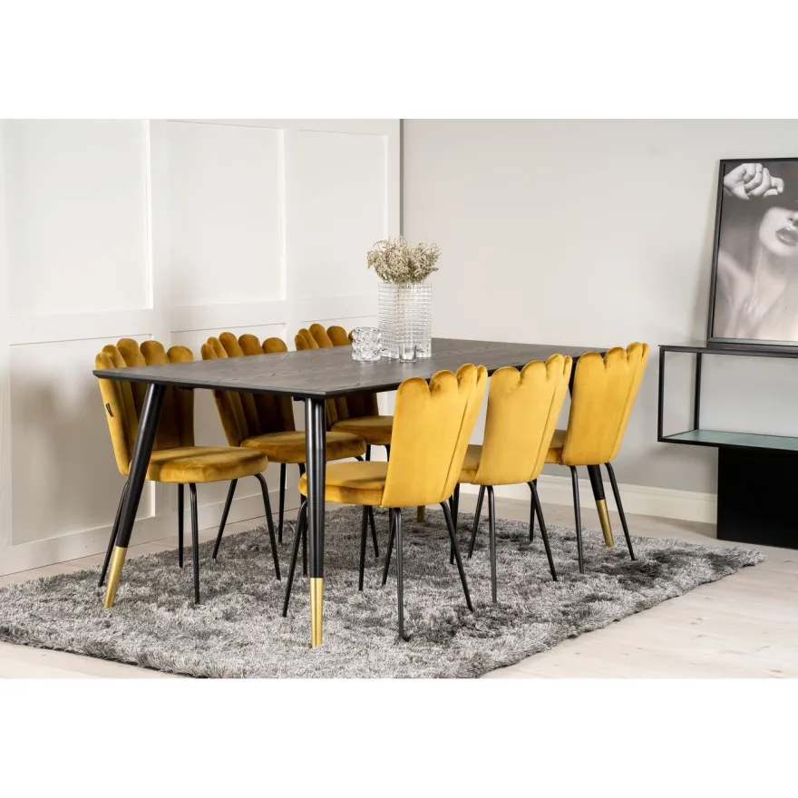 Ruokailuryhmä Venture Home, 180x90cm musta/messinki Dipp-pöytä + 6 kullankeltaista Limhamn-tuolia