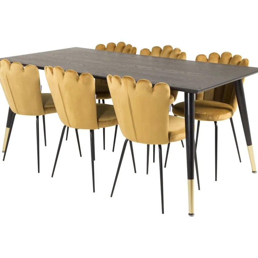 Ruokailuryhmä Venture Home, 180x90cm musta/messinki Dipp-pöytä + 6 kullankeltaista Limhamn-tuolia