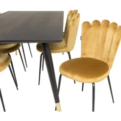 Ruokailuryhmä Venture Home, 180x90cm musta/messinki Dipp-pöytä + 6 kullankeltaista Limhamn-tuolia