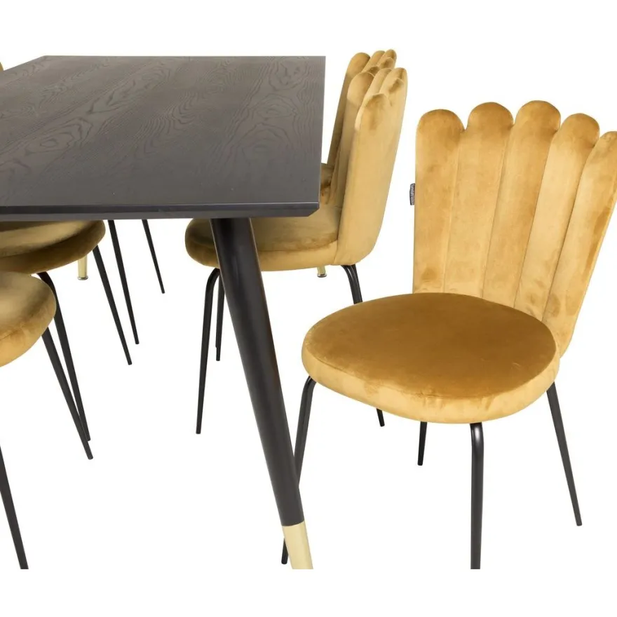 Ruokailuryhmä Venture Home, 180x90cm musta/messinki Dipp-pöytä + 6 kullankeltaista Limhamn-tuolia