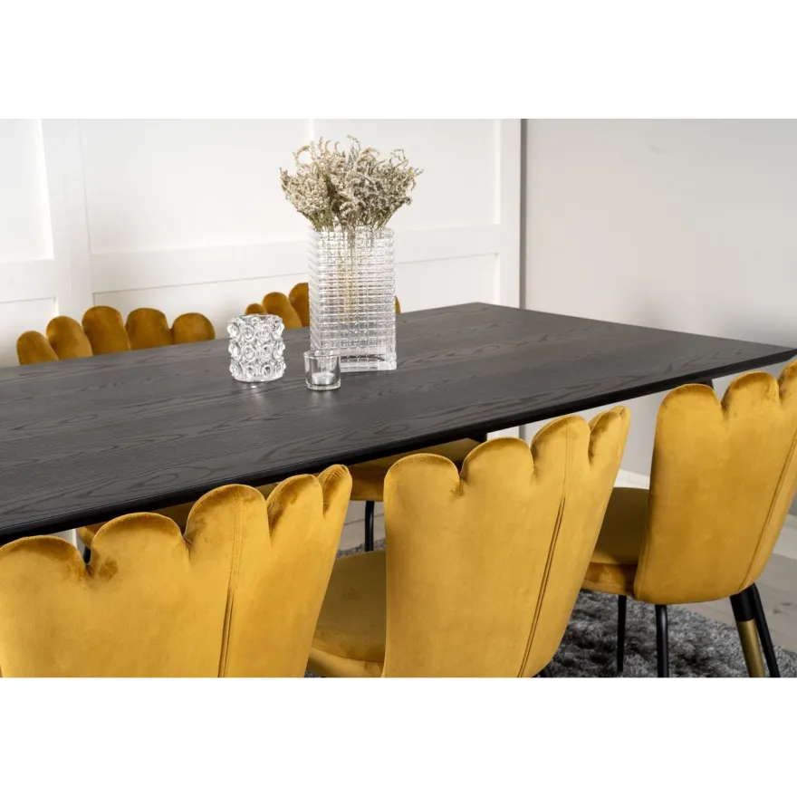 Ruokailuryhmä Venture Home, 180x90cm musta/messinki Dipp-pöytä + 6 kullankeltaista Limhamn-tuolia