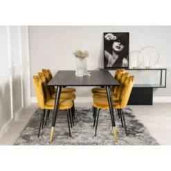 Ruokailuryhmä Venture Home, 180x90cm musta/messinki Dipp-pöytä + 6 kullankeltaista Limhamn-tuolia