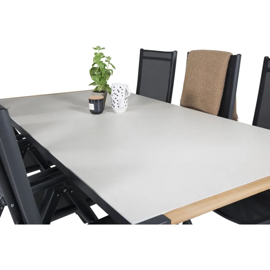 Ruokailuryhmä Venture Home, 200x100cm harmaa/musta Texas-pöytä + 6 mustaa Break-säätötuolia