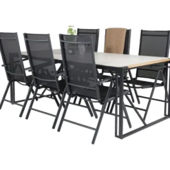 Ruokailuryhmä Venture Home, 200x100cm harmaa/musta Texas-pöytä + 6 mustaa Break-säätötuolia