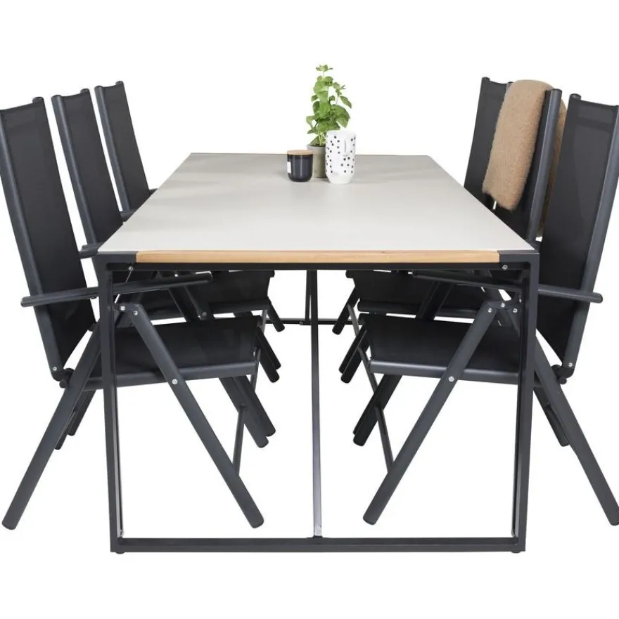 Ruokailuryhmä Venture Home, 200x100cm harmaa/musta Texas-pöytä + 6 mustaa Break-säätötuolia