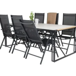 Ruokailuryhmä Venture Home, 200x100cm harmaa/musta Texas-pöytä + 6 mustaa Break-säätötuolia