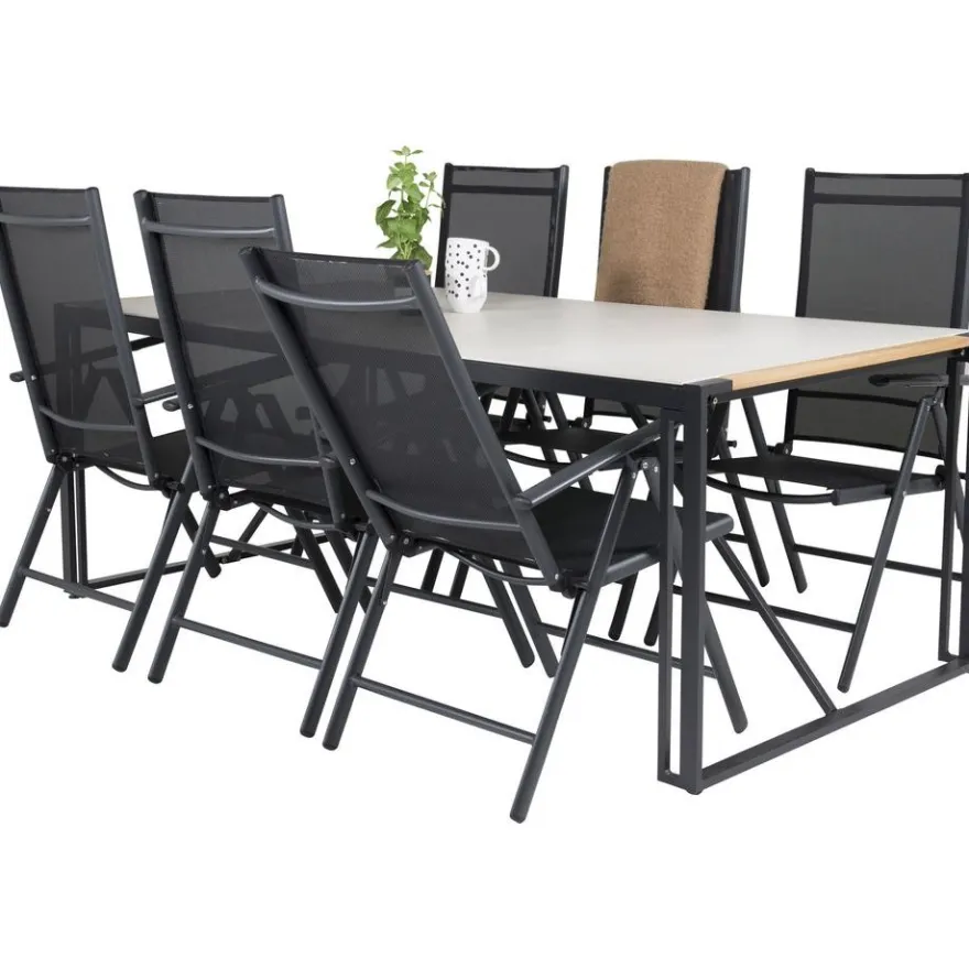 Ruokailuryhmä Venture Home, 200x100cm harmaa/musta Texas-pöytä + 6 mustaa Break-säätötuolia