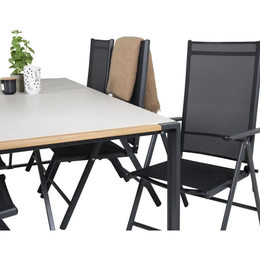 Ruokailuryhmä Venture Home, 200x100cm harmaa/musta Texas-pöytä + 6 mustaa Break-säätötuolia