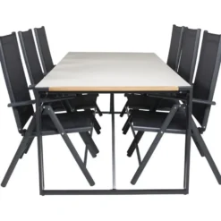 Ruokailuryhmä Venture Home, 200x100cm harmaa/musta Texas-pöytä + 6 mustaa Break-säätötuolia