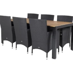 Ruokailuryhmä Venture Home, 205x90cm akaasia/musta Bois-pöytä + 6 mustaa Malin-tuolia, pehmusteilla