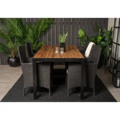 Ruokailuryhmä Venture Home, 205x90cm akaasia/musta Bois-pöytä + 6 mustaa Malin-tuolia, pehmusteilla