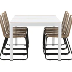 Ruokailuryhmä Venture Home, 200x100cm valkoinen/tiikki Togo-pöytä + 6 ruskeaa, pinottavaa Lindos-tuolia