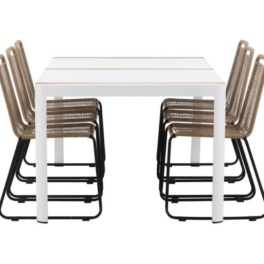 Ruokailuryhmä Venture Home, 200x100cm valkoinen/tiikki Togo-pöytä + 6 ruskeaa, pinottavaa Lindos-tuolia