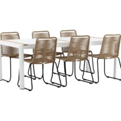 Ruokailuryhmä Venture Home, 200x100cm valkoinen/tiikki Togo-pöytä + 6 ruskeaa, pinottavaa Lindos-tuolia
