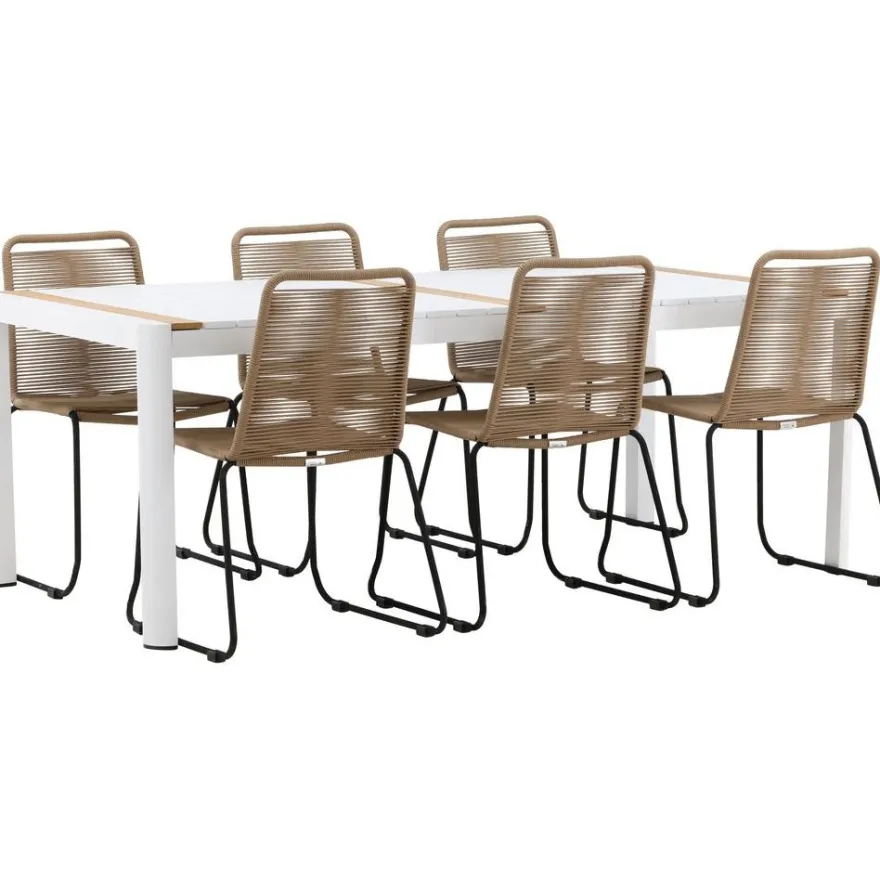 Ruokailuryhmä Venture Home, 200x100cm valkoinen/tiikki Togo-pöytä + 6 ruskeaa, pinottavaa Lindos-tuolia
