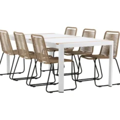 Ruokailuryhmä Venture Home, 200x100cm valkoinen/tiikki Togo-pöytä + 6 ruskeaa, pinottavaa Lindos-tuolia