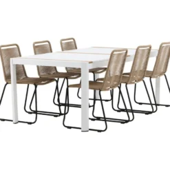 Ruokailuryhmä Venture Home, 200x100cm valkoinen/tiikki Togo-pöytä + 6 ruskeaa, pinottavaa Lindos-tuolia