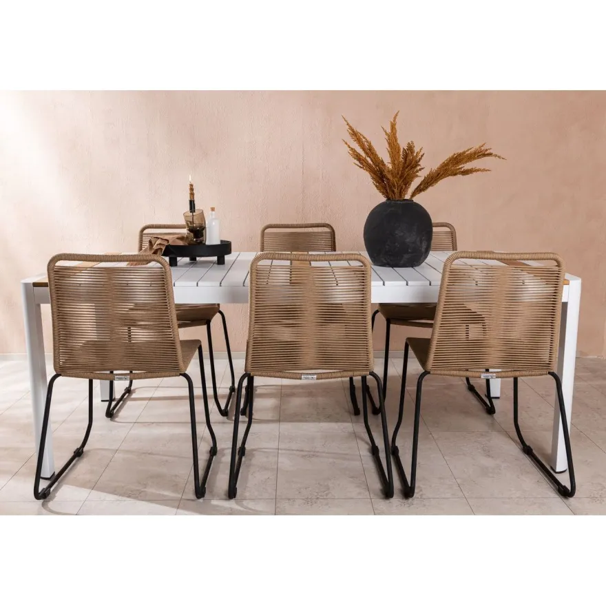 Ruokailuryhmä Venture Home, 200x100cm valkoinen/tiikki Togo-pöytä + 6 ruskeaa, pinottavaa Lindos-tuolia