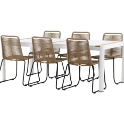 Ruokailuryhmä Venture Home, 200x100cm valkoinen/tiikki Togo-pöytä + 6 ruskeaa, pinottavaa Lindos-tuolia