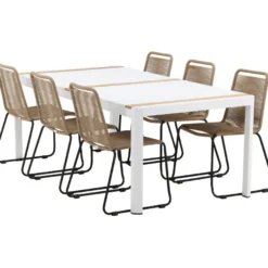 Ruokailuryhmä Venture Home, 200x100cm valkoinen/tiikki Togo-pöytä + 6 ruskeaa, pinottavaa Lindos-tuolia