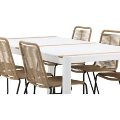 Ruokailuryhmä Venture Home, 200x100cm valkoinen/tiikki Togo-pöytä + 6 ruskeaa, pinottavaa Lindos-tuolia