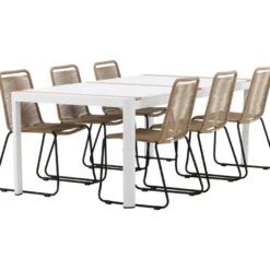 Ruokailuryhmä Venture Home, 200x100cm valkoinen/tiikki Togo-pöytä + 6 ruskeaa, pinottavaa Lindos-tuolia