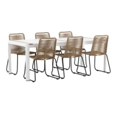 Ruokailuryhmä Venture Home, 200x100cm valkoinen/tiikki Togo-pöytä + 6 ruskeaa, pinottavaa Lindos-tuolia