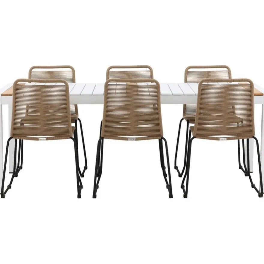 Ruokailuryhmä Venture Home, 200x100cm valkoinen/tiikki Togo-pöytä + 6 ruskeaa, pinottavaa Lindos-tuolia