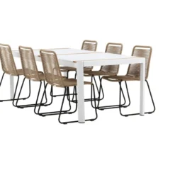 Ruokailuryhmä Venture Home, 200x100cm valkoinen/tiikki Togo-pöytä + 6 ruskeaa, pinottavaa Lindos-tuolia