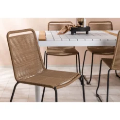 Ruokailuryhmä Venture Home, 200x100cm valkoinen/tiikki Togo-pöytä + 6 ruskeaa, pinottavaa Lindos-tuolia