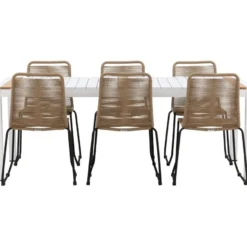 Ruokailuryhmä Venture Home, 200x100cm valkoinen/tiikki Togo-pöytä + 6 ruskeaa, pinottavaa Lindos-tuolia