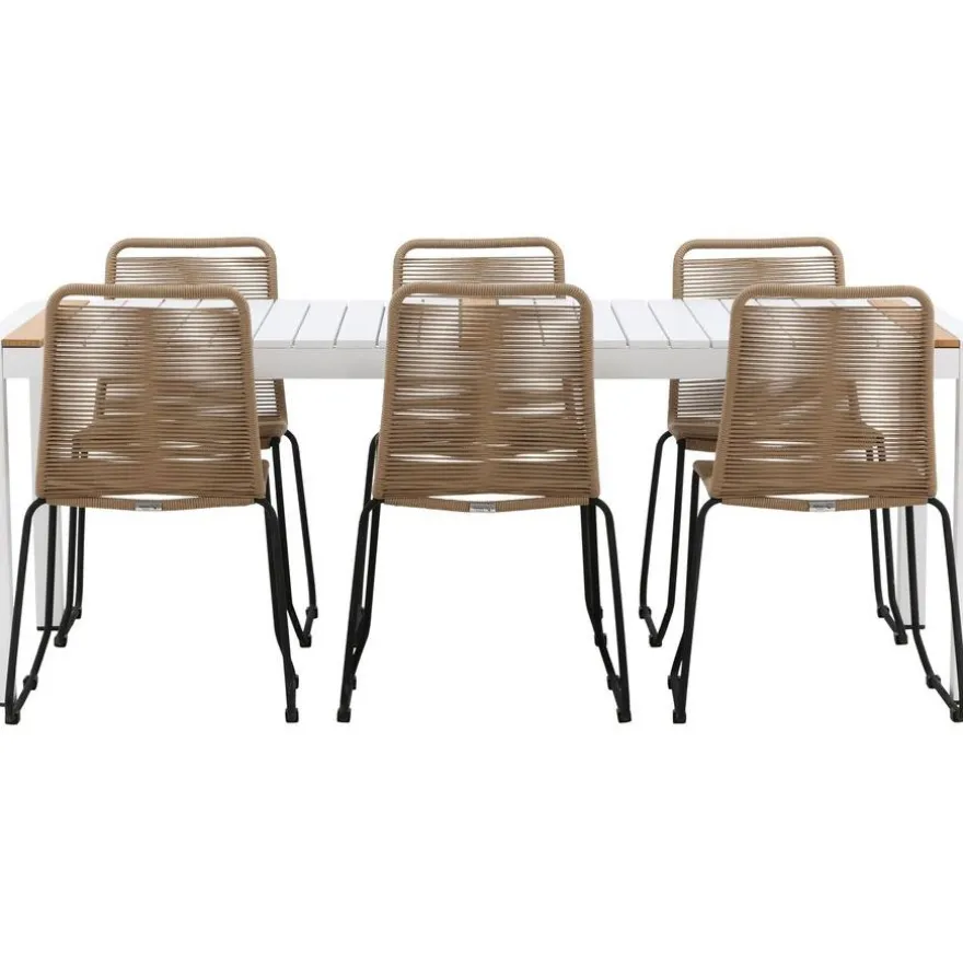 Ruokailuryhmä Venture Home, 200x100cm valkoinen/tiikki Togo-pöytä + 6 ruskeaa, pinottavaa Lindos-tuolia