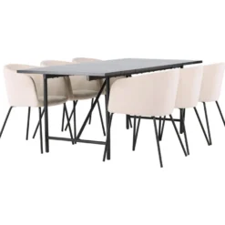 Ruokailuryhmä Venture Home, 200x90cm musta Astrid-pöytä + 6 beigeä Berit-tuolia, sametti