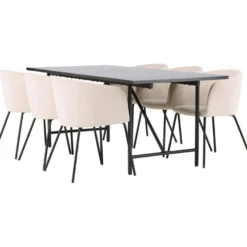 Ruokailuryhmä Venture Home, 200x90cm musta Astrid-pöytä + 6 beigeä Berit-tuolia, sametti
