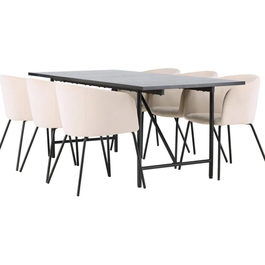 Ruokailuryhmä Venture Home, 200x90cm musta Astrid-pöytä + 6 beigeä Berit-tuolia, sametti
