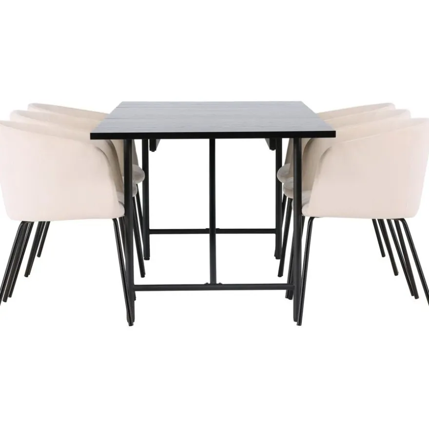 Ruokailuryhmä Venture Home, 200x90cm musta Astrid-pöytä + 6 beigeä Berit-tuolia, sametti