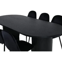 Ruokailuryhmä Venture Home, 200x90cm musta Bianca Oval -pöytä + 6 mustaa Polar-tuolia, sametti