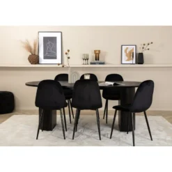 Ruokailuryhmä Venture Home, 200x90cm musta Bianca Oval -pöytä + 6 mustaa Polar-tuolia, sametti