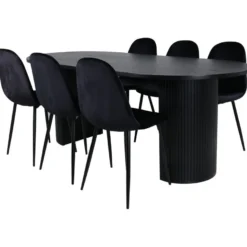 Ruokailuryhmä Venture Home, 200x90cm musta Bianca Oval -pöytä + 6 mustaa Polar-tuolia, sametti