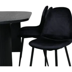 Ruokailuryhmä Venture Home, 200x90cm musta Bianca Oval -pöytä + 6 mustaa Polar-tuolia, sametti