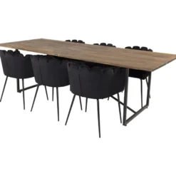 Ruokailuryhmä Venture Home, 250x100cm ruskea Padang-pöytä + 6 mustaa Limhamn-tuolia, sametti