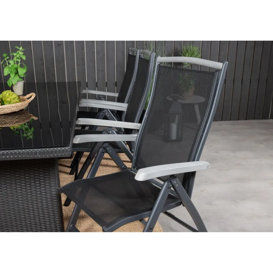 Ruokailuryhmä Venture Home, 200x100cm musta Padova-pöytä + 6 mustaa Albany-säätötuolia