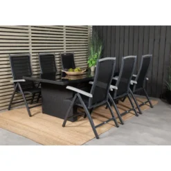Ruokailuryhmä Venture Home, 200x100cm musta Padova-pöytä + 6 mustaa Albany-säätötuolia