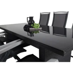 Ruokailuryhmä Venture Home, 200x100cm musta Padova-pöytä + 6 mustaa Albany-säätötuolia