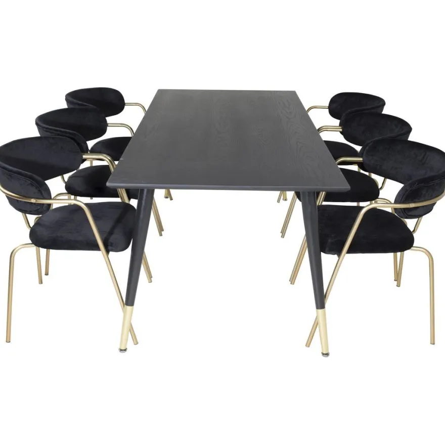 Ruokailuryhmä Venture Home, 180x90cm musta/messinki Dipp-pöytä + 6 musta/messinki Arrow-tuolia