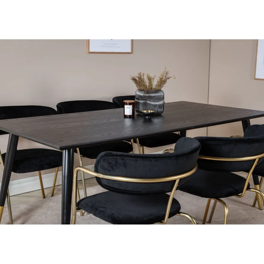 Ruokailuryhmä Venture Home, 180x90cm musta/messinki Dipp-pöytä + 6 musta/messinki Arrow-tuolia